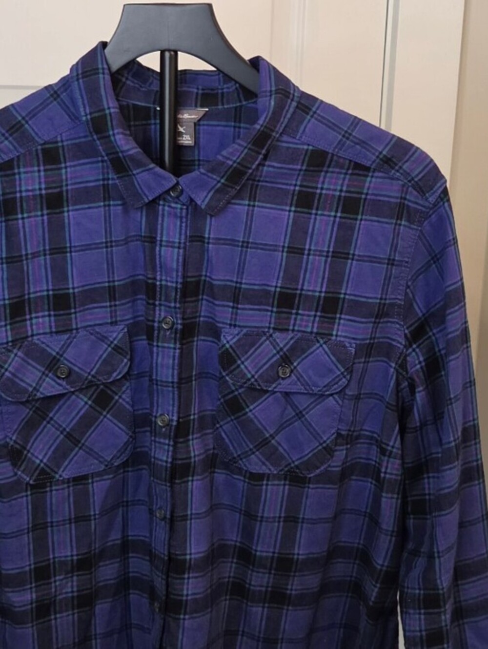 Eddie Bauer Women's 2XL Purple and Black Plaid Flannel Shirt